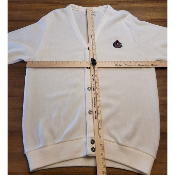 🧶 VTG IZOD 90s Grandpa Cardigan – Men’s M – Ivory Knit – Logo – Made in USA - Picture 7 of 8